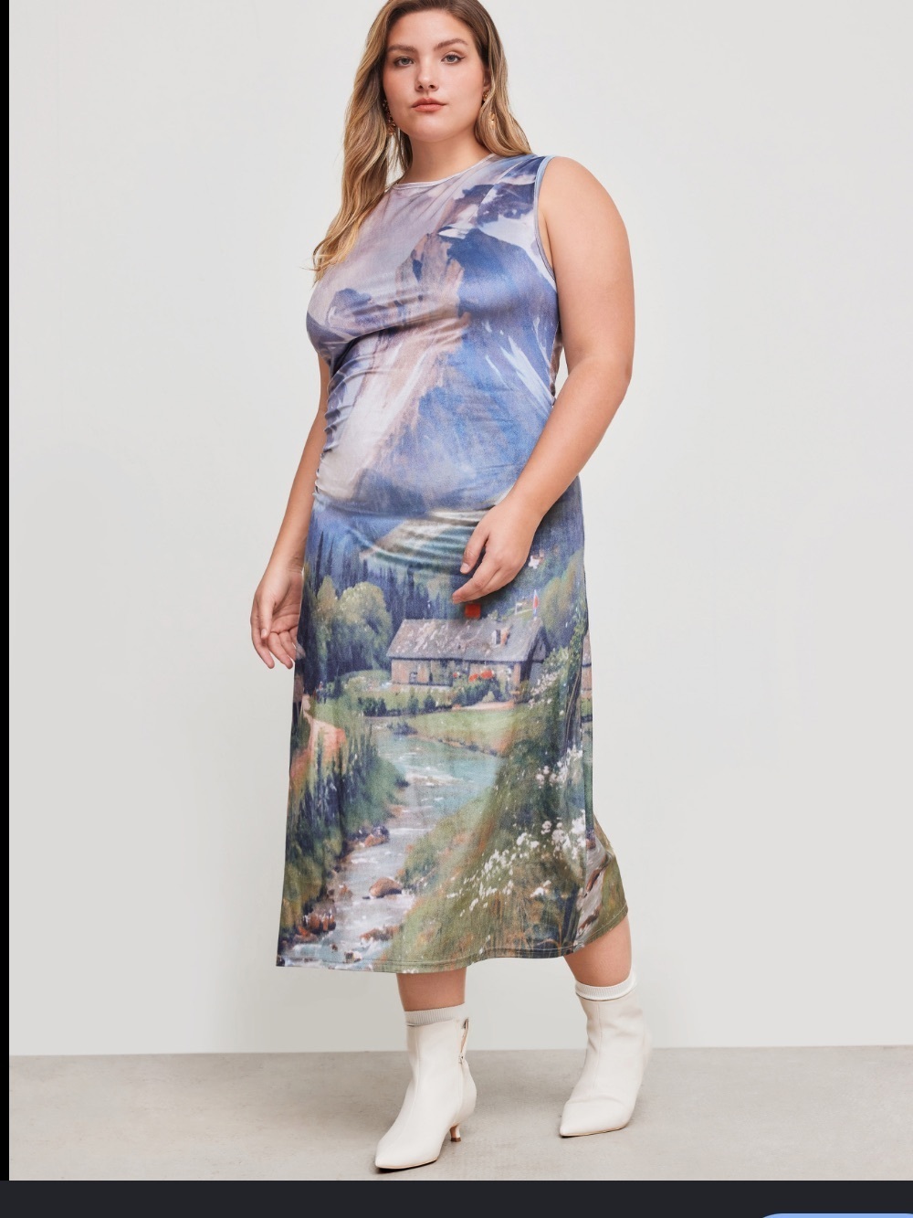 Cider Mountain Landscape Sleeveless Dress - Blue Green Gray - Picture 4 of 4